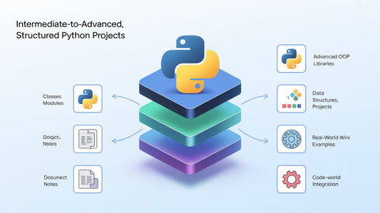 Stack of colorful square blocks with Python logo and related development tools on a light blue background