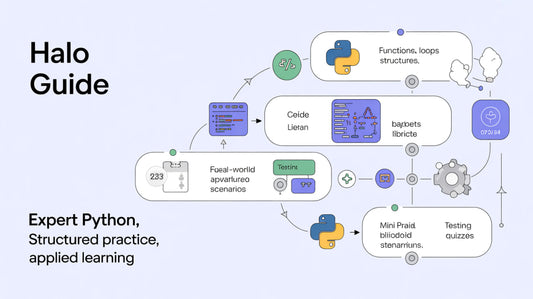 Diagram of Python programming concepts with text 'Halo Guide' and 'Expert Python' on a light purple background.