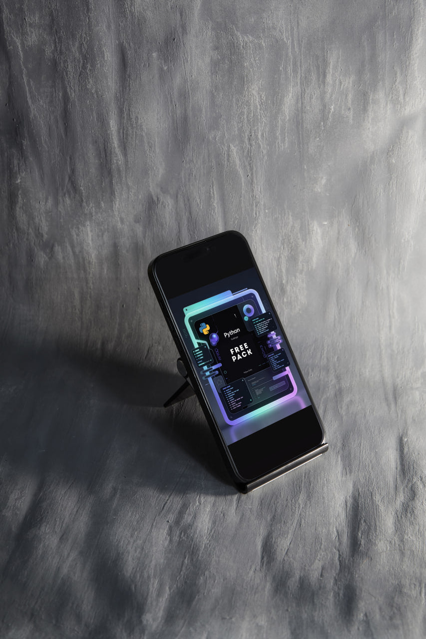 Smartphone with app interface on a gray textured surface