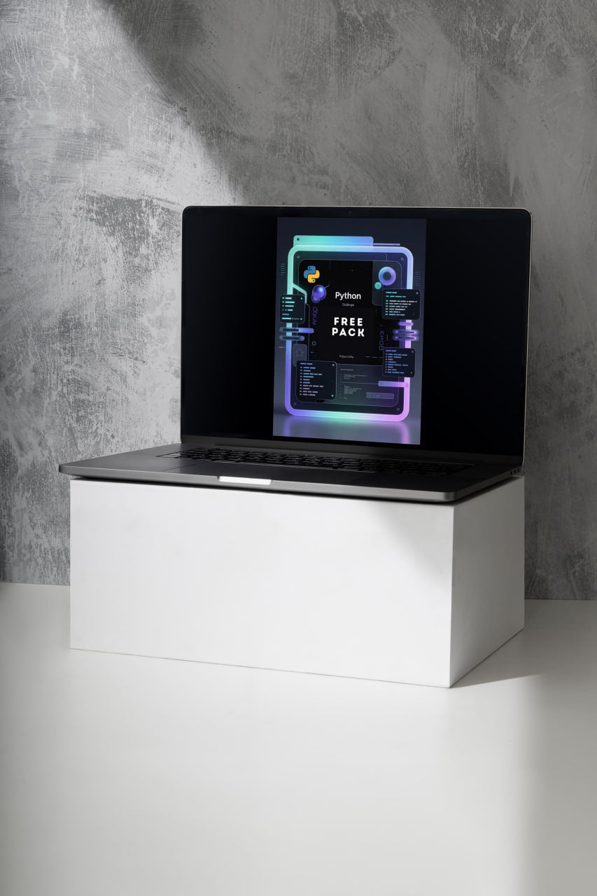 Laptop on a white stand with a concrete wall background