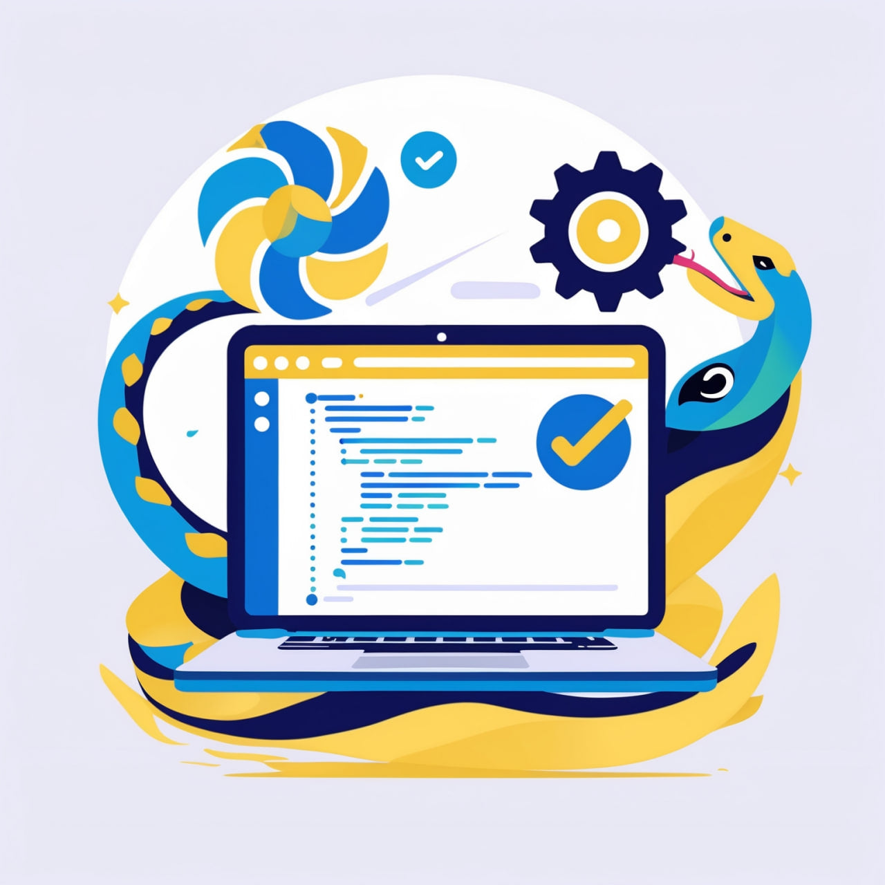 Illustration of a laptop with code on the screen, surrounded by blue and yellow elements.