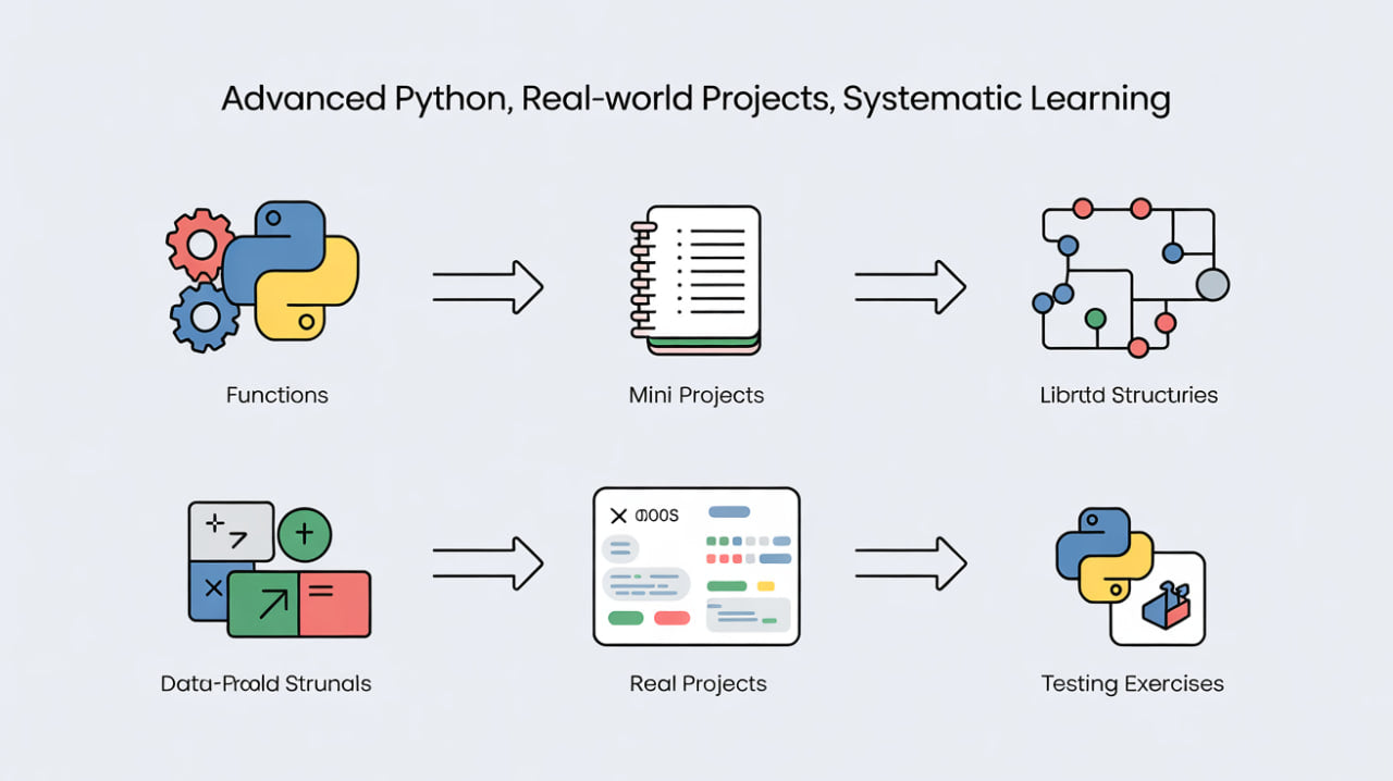 Flowchart of advanced Python learning path with icons and text on a light gray background