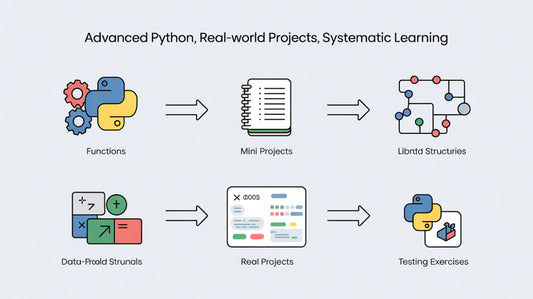 Flowchart of advanced Python learning path with icons and text on a light gray background