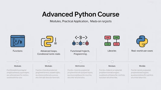Advanced Python Course outline with icons and text on a light gray background