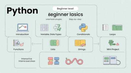 Flowchart of a Python beginner level course with icons and text on a light gray background