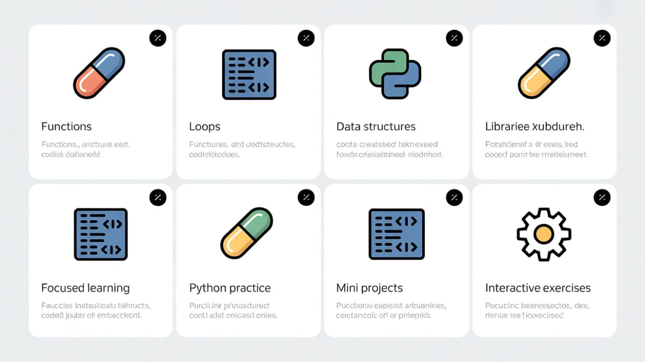 Grid of icons and text labels related to coding education on a white background