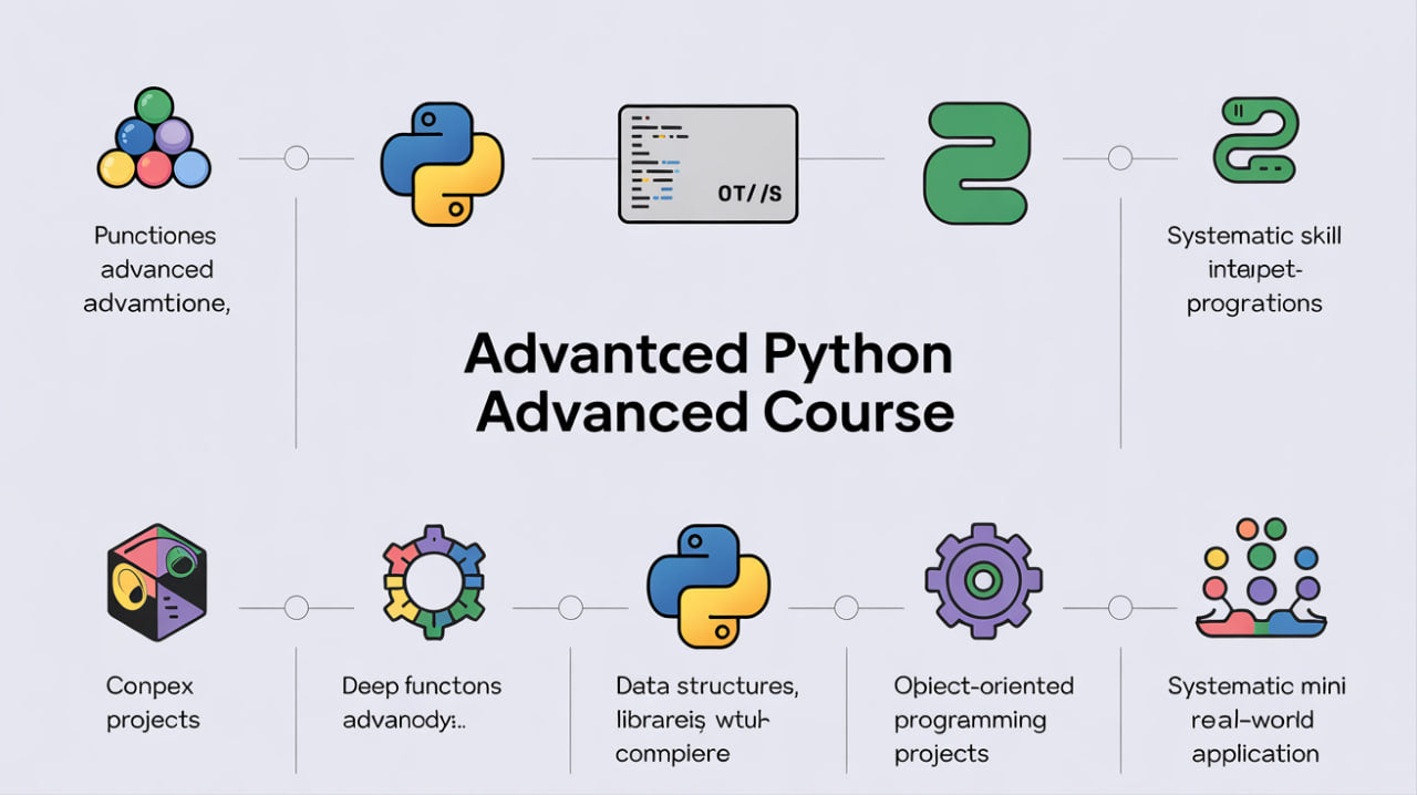 Flowchart of an Advanced Python Course with icons and text on a light gray background