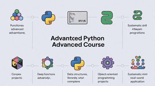 Flowchart of an Advanced Python Course with icons and text on a light gray background