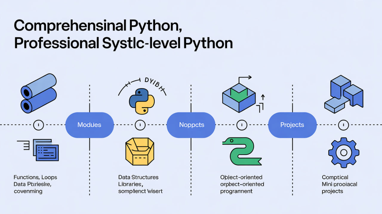 Diagram of Python programming concepts including modules, packages, and projects on a light blue background.