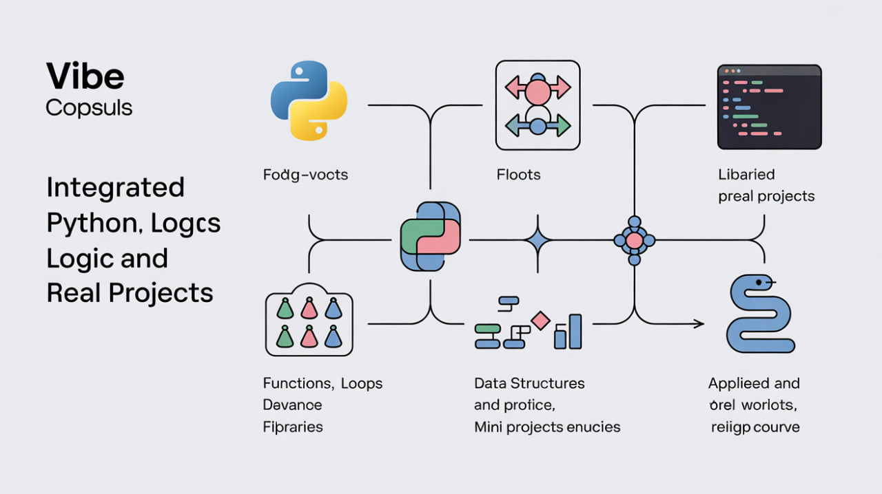 Diagram of Python integration with various programming concepts on a light gray background.