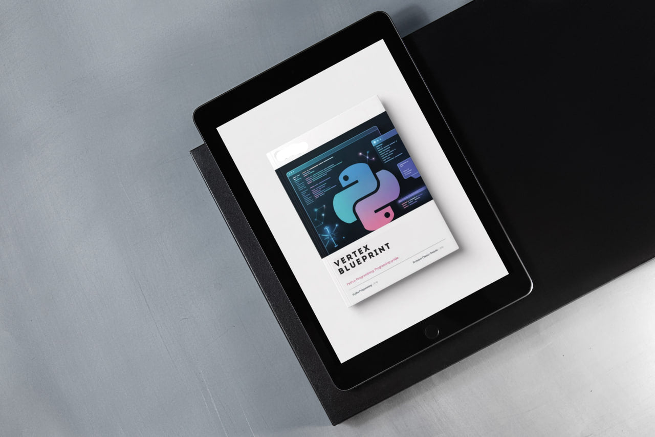 Tablet displaying a Python programming language book cover on a gray surface