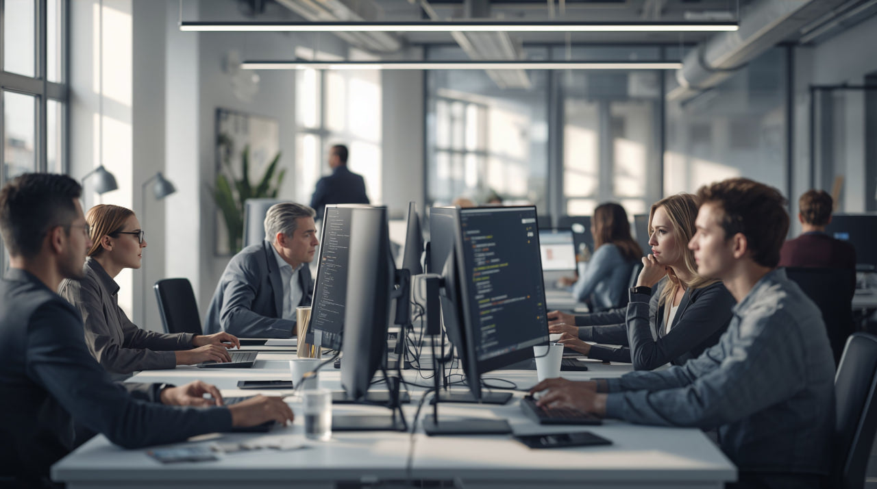 Group of people working at computers in a modern office setting