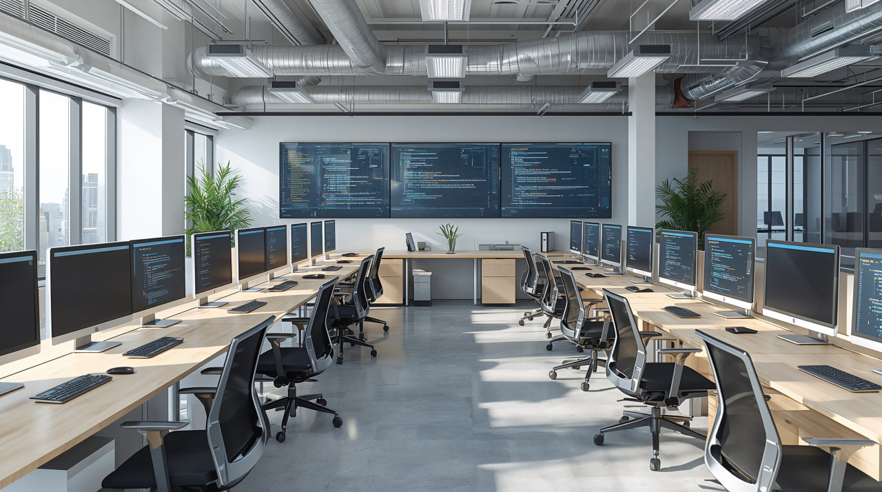 Modern office with multiple desks and computer monitors displaying data.