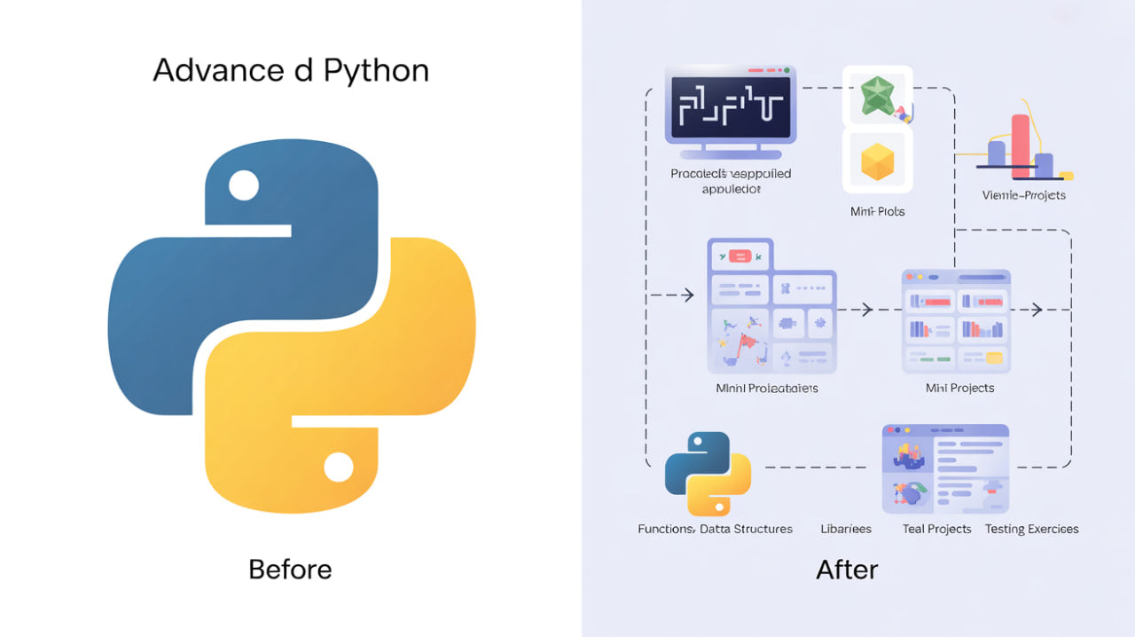 Comparison of Python programming language icons before and after 'Advance d Python' text.