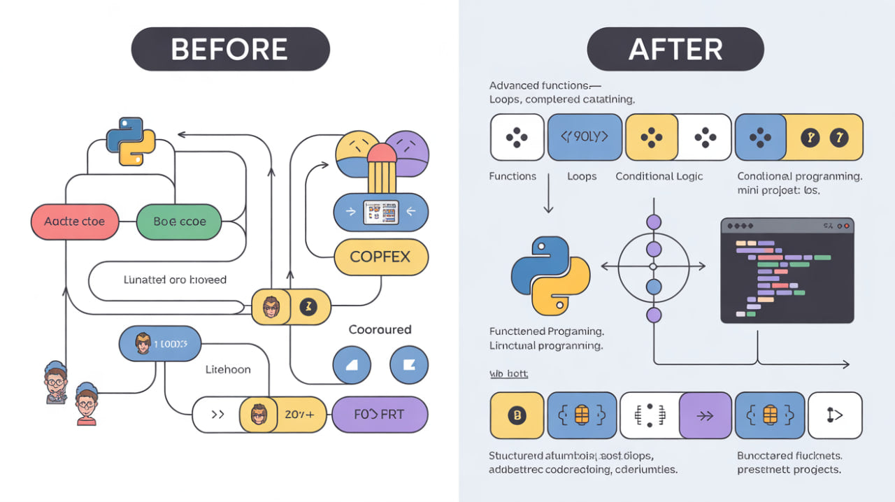 Before and after comparison of a software architecture diagram with colorful icons and labels.