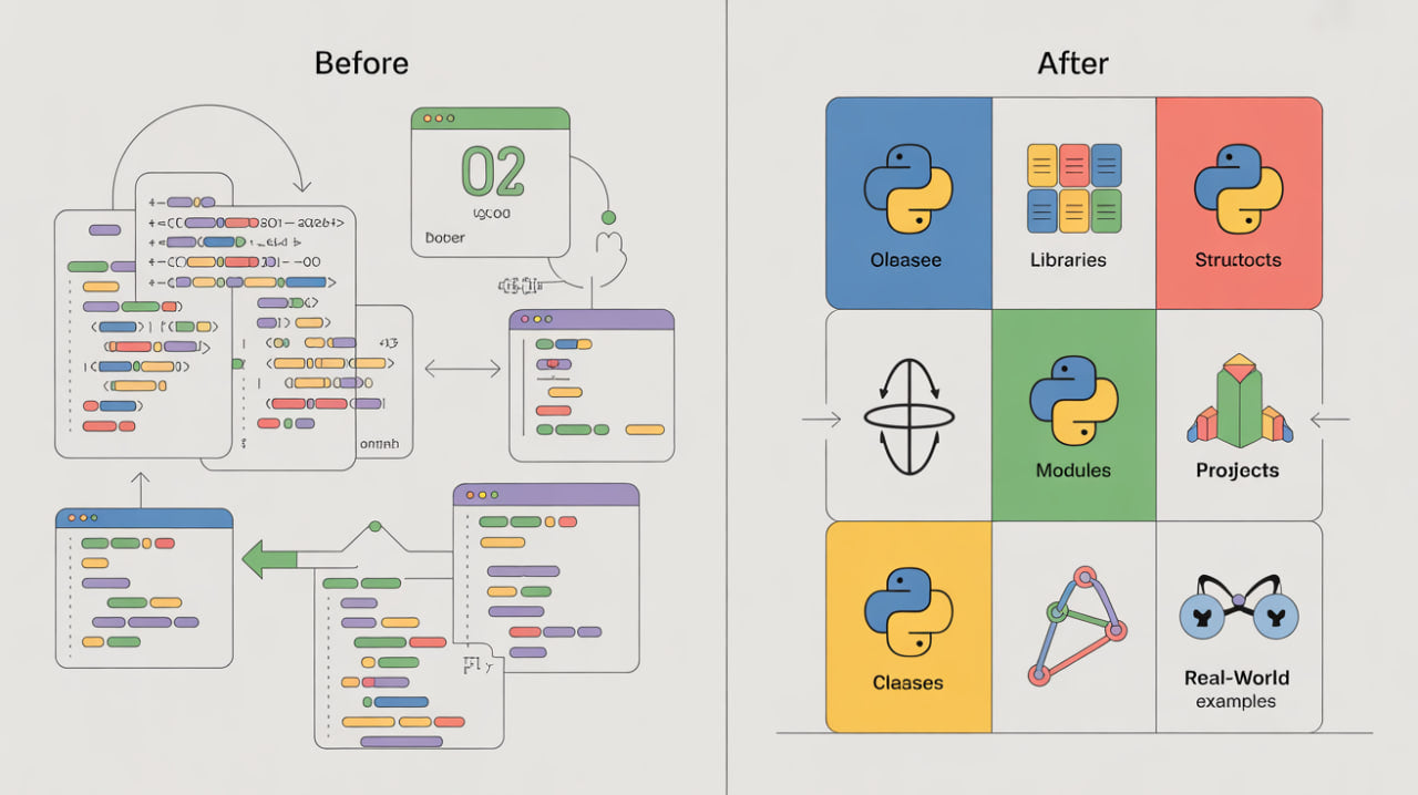 Comparison of complex code structure on the left with simplified components on the right, featuring Python and related technologies.