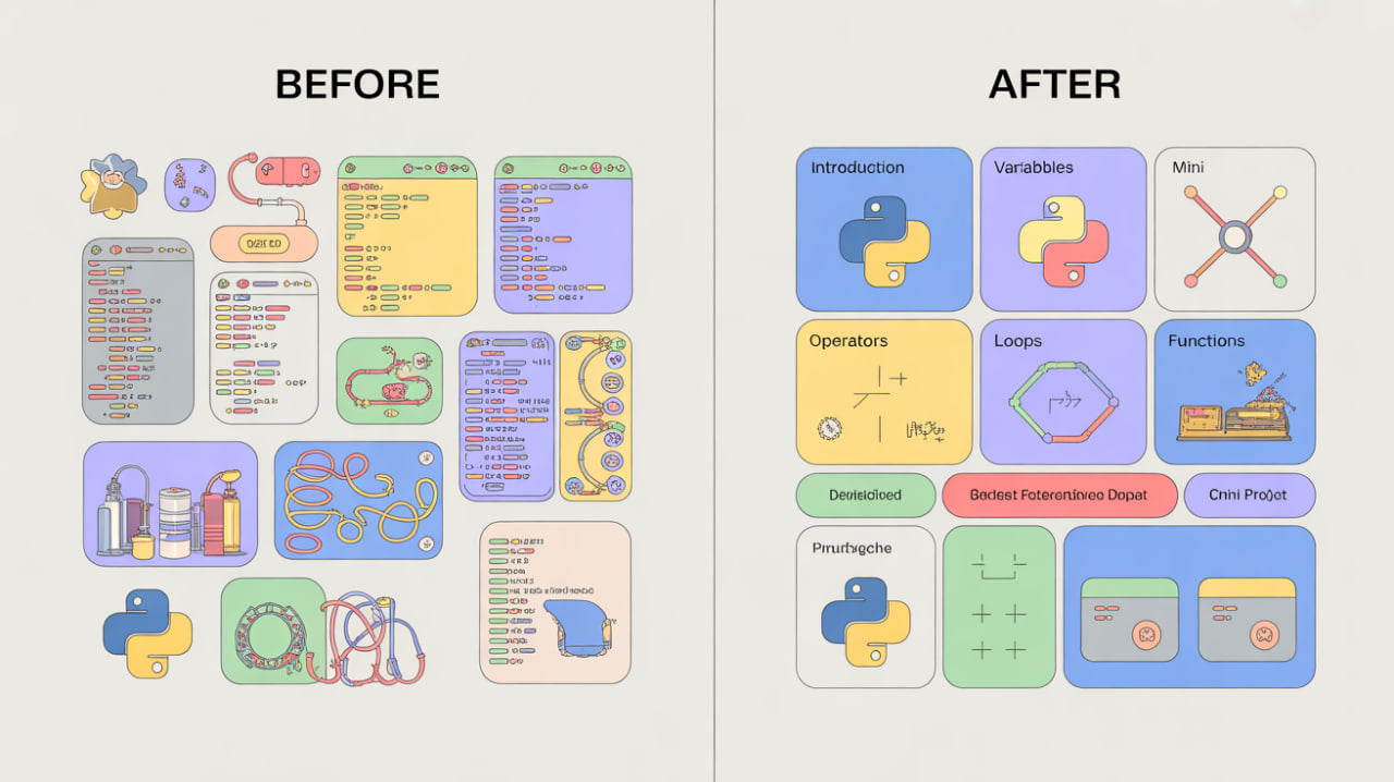 Comparison of educational material design before and after a redesign, with colorful icons and text.