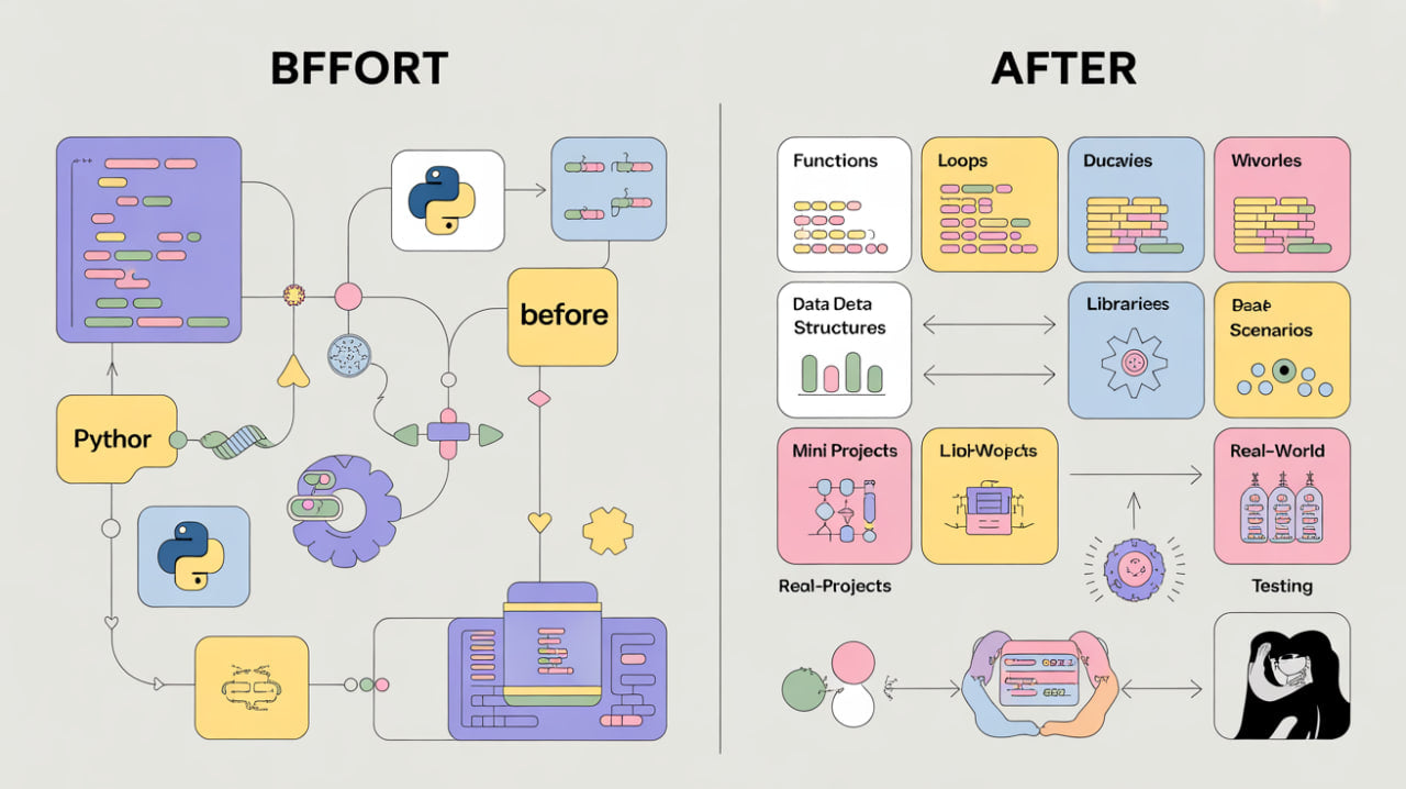 Diagram comparing 'Before' and 'After' educational or development processes with Python and programming concepts.