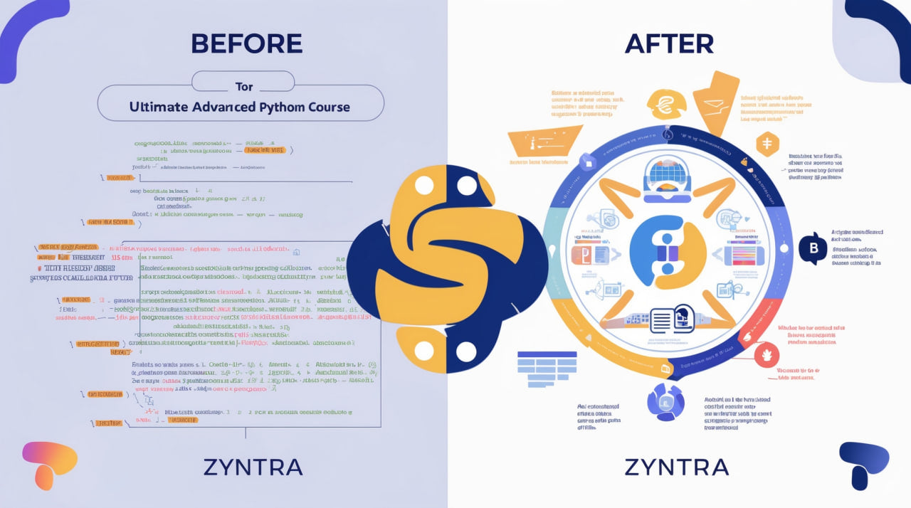Comparison of 'Before' and 'After' designs for an Ultimate Advanced Python Course by Zyntra.
