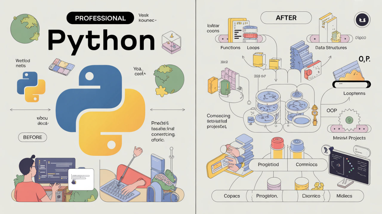 Comparison of 'Before' and 'After' diagrams for Python programming, showing code structure and project management.