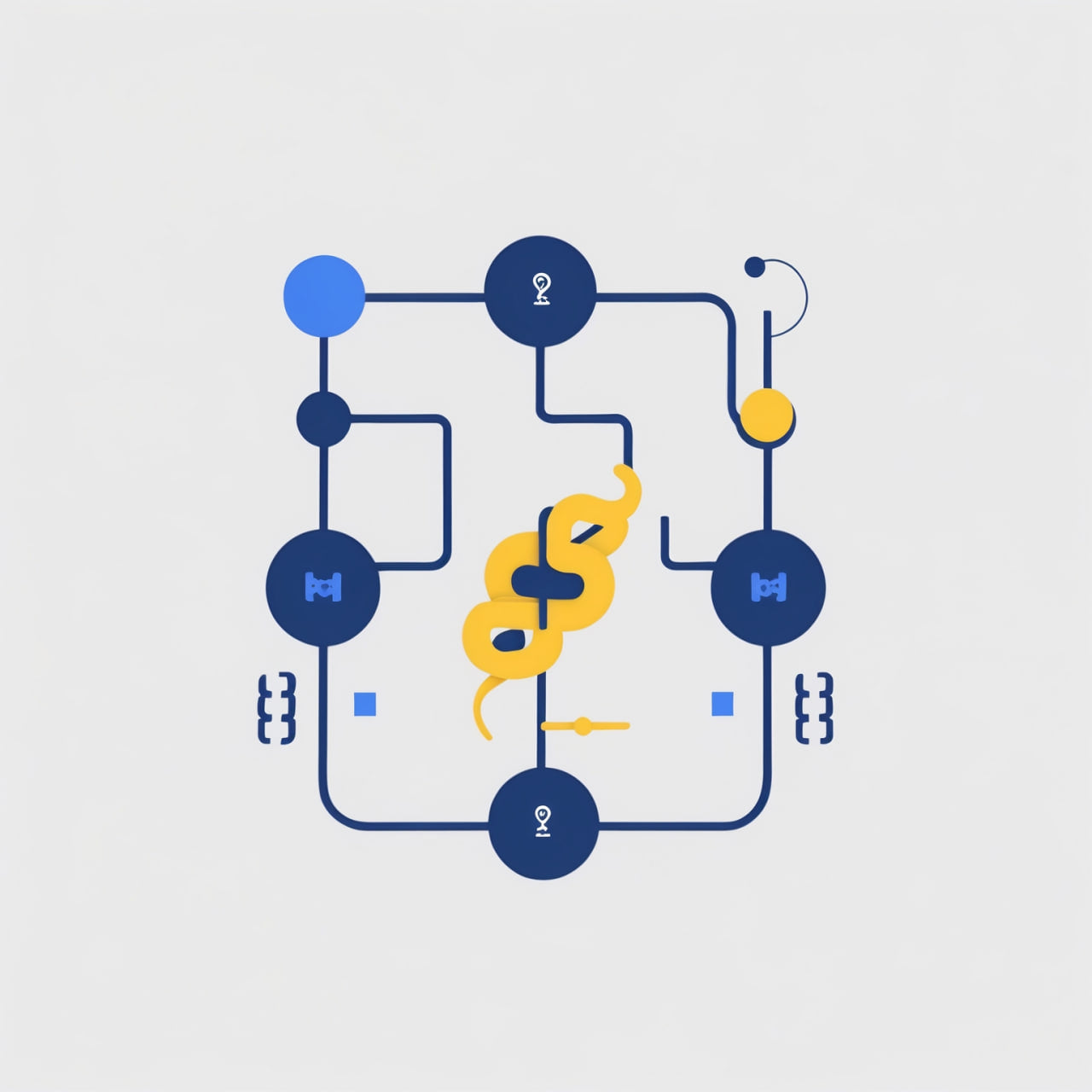 Abstract design with blue and yellow shapes on a light gray background