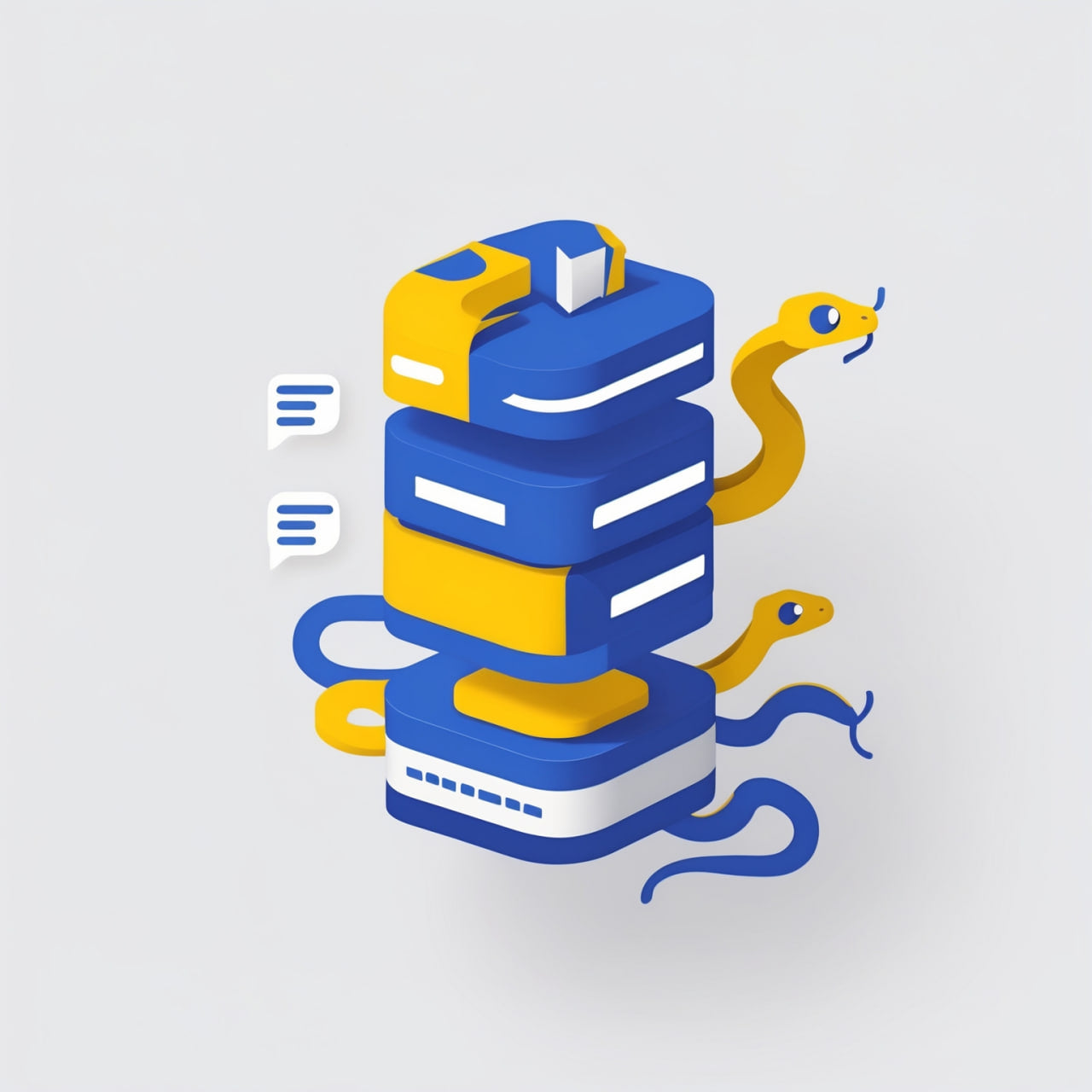 Stack of blue and yellow books with snake-like shapes on a gradient background
